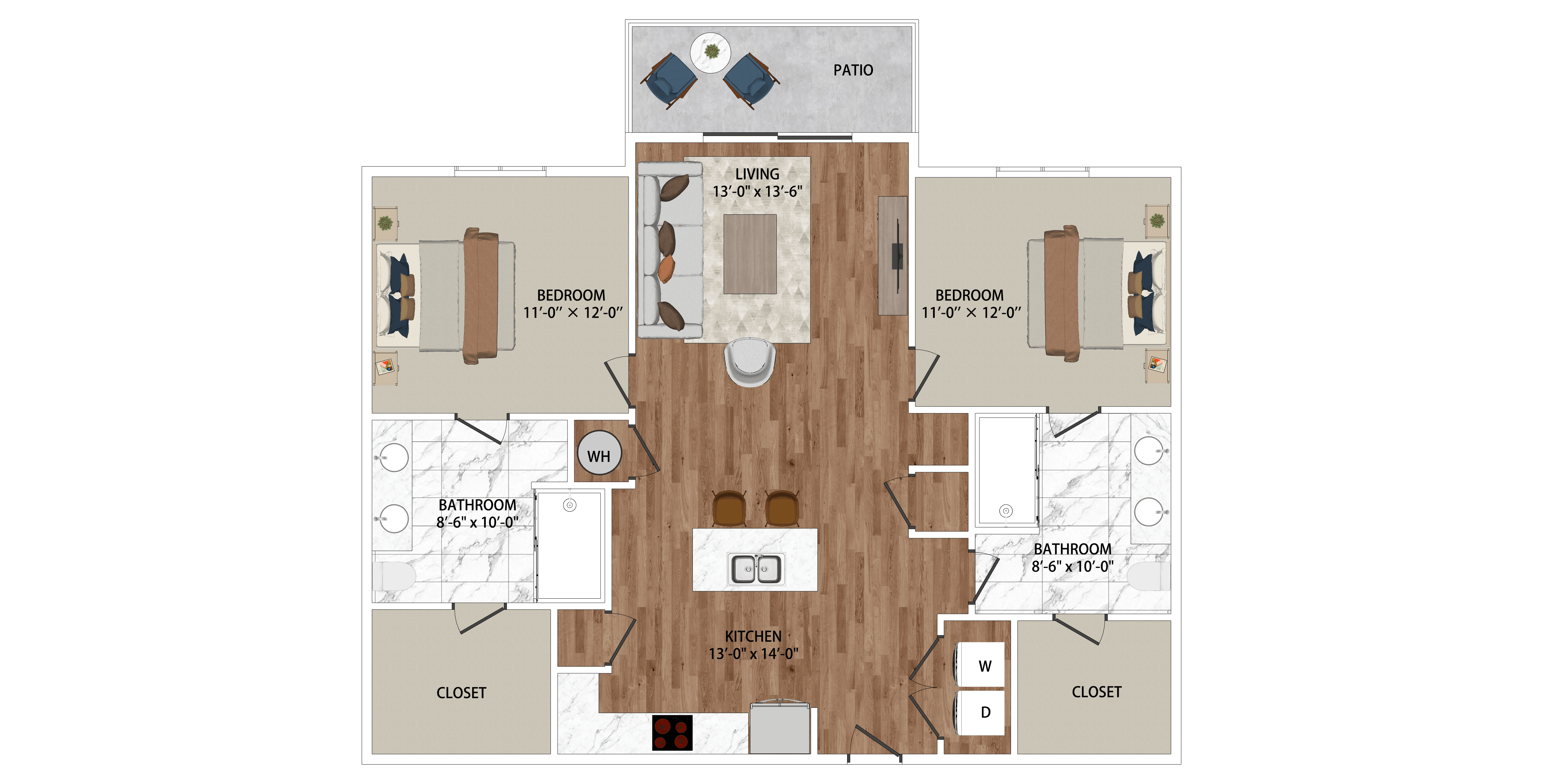Floor plan for 2 beds, 2 baths, 1114 sqft
